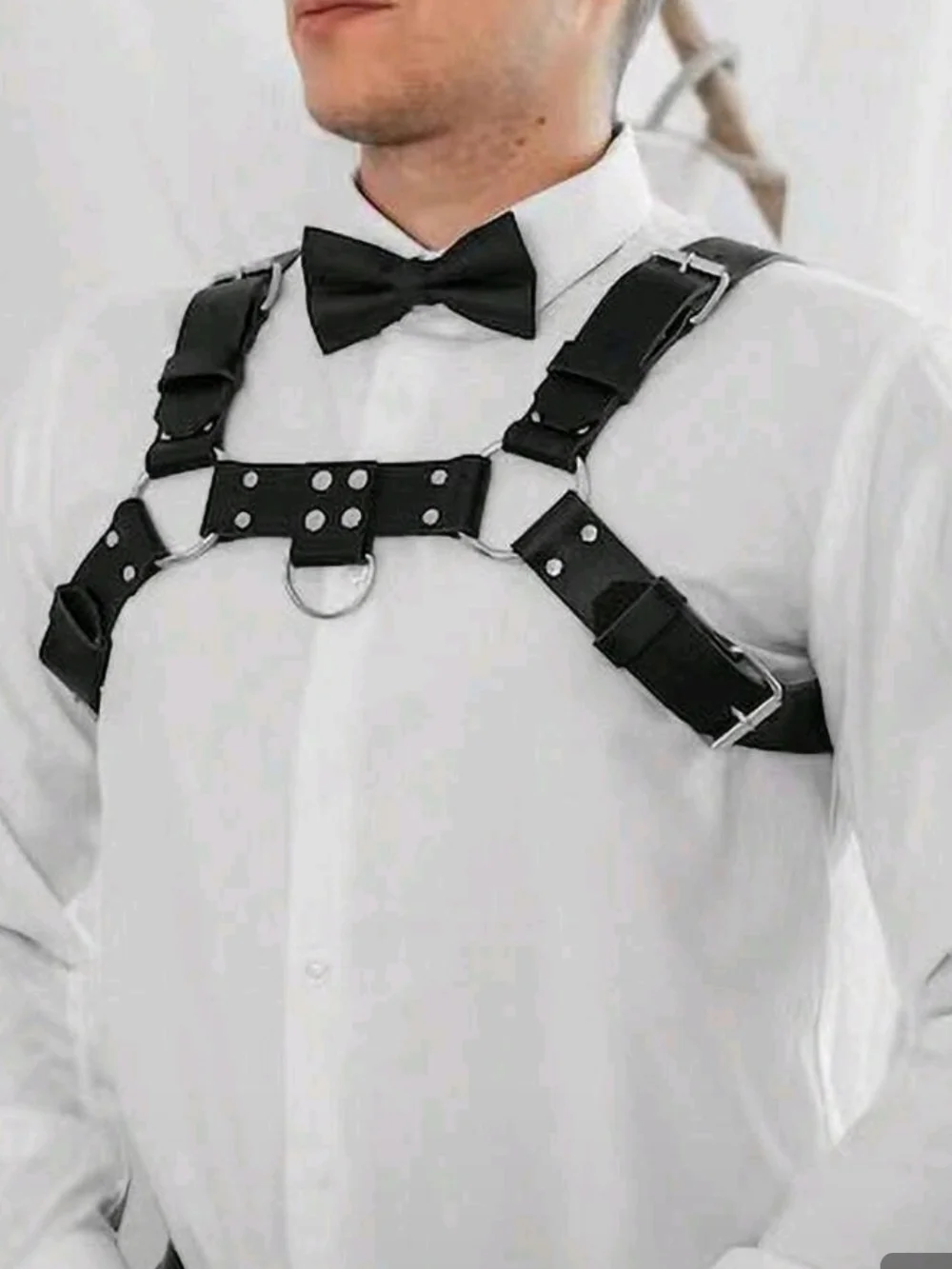 Trendy Men's Black Leather Chest Studded Harness Belt